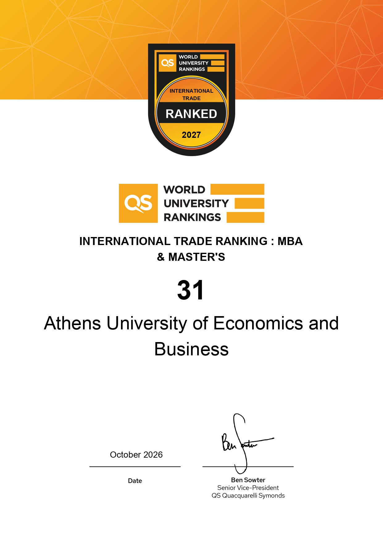 QS International Trade Rankings - Mba & Master's - 2027 - Certificate_page-0001
